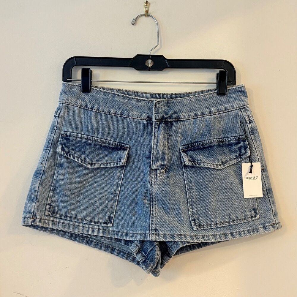 Forever 21 Denim Cargo Skort Women Small Medium Wash Y2K Mini Skirt with Shorts